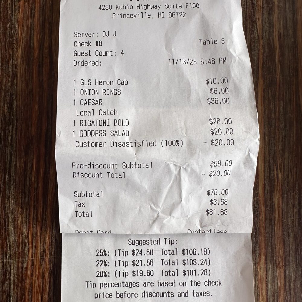 B's Kitchen Kauai - Attempting to scam people with tipping amount which are not correct. 20% should be $16.33 NOT $19.80 - Pizza Near Me - Princeville, Hawaii B's Kitchen Kauai - Attempting to scam people with tipping amount which are not correct. 20% should be $16.33 NOT $19.80 - Pizza Near Me - Princeville, Hawaii