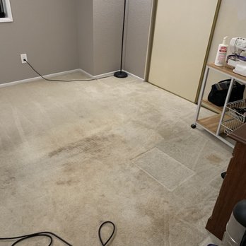Pinks Carpet and Tile Cleaning - State of carpet BEFORE they arrived. They were able to remove the strong ammonia smell of stale pet stains. - Carpet Cleaning Near Me