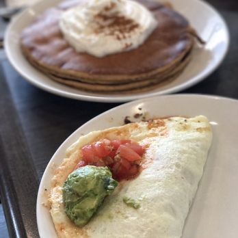 Broken Yolk Cafe - "Border Check" Omelette w/small stack sweet potato pancakes - Breakfast & Brunch Near Me - Del Mar, California