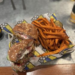 Abbey Burger Mt. Washington - BYOB: veggie burger with goat cheese, raspberry habanero sauce, cucumber and sprouts. Sweet Potato Fries