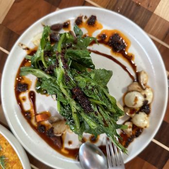 Twelvemonth - RADISH CAKE steamed and griddled radish cake, shiitake, carrots, hakurei turnip, pea tendrils, chili crisp, soy saba (gf) - Vegan Near Me - Burlingame, California Twelvemonth - RADISH CAKE steamed and griddled radish cake, shiitake, carrots, hakurei turnip, pea tendrils, chili crisp, soy saba (gf) - Vegan Near Me - Burlingame, California
