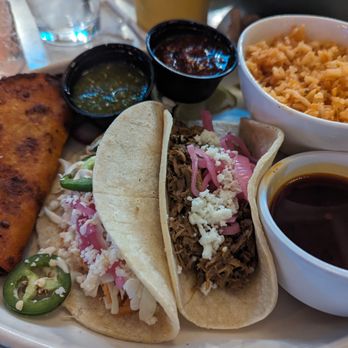 Agave House - Birria, salmon and calabacita Taco with Mexican rice - New Mexican Cuisine Near Me - Tucson, Arizona