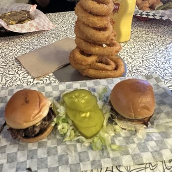 Happy's Hamburgers - 2 - Slide Burgers w/ Cheese and onion rings - Burgers Near Me - Scottsdale, Arizona