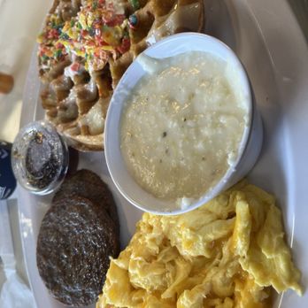 Sumthin' Fa Brunch - Big Breakfast ( Scrambled Eggs with Cheddar, Pepperjack grits, pork sausage & Fruity Pebble Waffle with Peach Tea ) - Breakfast & Brunch Near Me - Jonesboro, Georgia Sumthin' Fa Brunch - Big Breakfast ( Scrambled Eggs with Cheddar, Pepperjack grits, pork sausage & Fruity Pebble Waffle with Peach Tea ) - Breakfast & Brunch Near Me - Jonesboro, Georgia