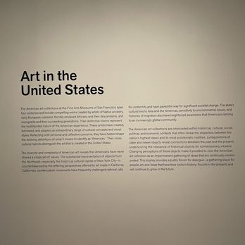 de Young Museum - Wall explaining their collection of "Art in the United States" at the de Young Museum in San Francisco. - Art Museums Near Me - San Francisco, California de Young Museum - Wall explaining their collection of "Art in the United States" at the de Young Museum in San Francisco. - Art Museums Near Me - San Francisco, California