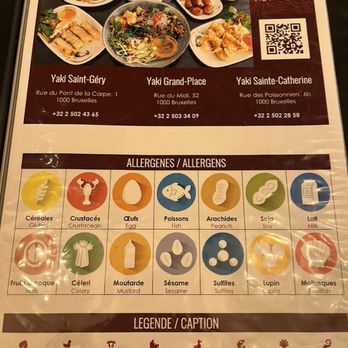 Yaki - menu - look at all the helpful allergen icons - Thai Near Me - Brussels, BRU