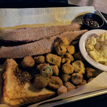 Tannery Row Ale House - Brisket (bbq sauce on the side) w/ fried okra and potato salad - Wine Bars Near Me - Buford, Georgia Tannery Row Ale House - Brisket (bbq sauce on the side) w/ fried okra and potato salad - Wine Bars Near Me - Buford, Georgia