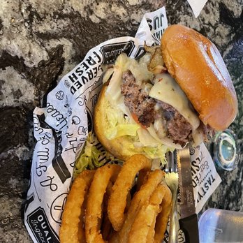 Shotzee's Bar & Grill - Bacon jalapeño burger with onion rings - Pubs Near Me - Keller, Texas Shotzee's Bar & Grill - Bacon jalapeño burger with onion rings - Pubs Near Me - Keller, Texas