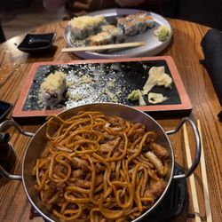 Typhoon Asian Fusion Bistro - Lo mein with chicken (my side), christmas roll, spicy california roll, and spicy salmon roll. we also got the a5 wagyu and salmon sashimi.
