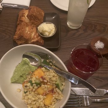 Nopa - Biscuit with house cultured butter and Yellow peach salad, cucumber and avocado. - New American Near Me - San Francisco, California Nopa - Biscuit with house cultured butter and Yellow peach salad, cucumber and avocado. - New American Near Me - San Francisco, California