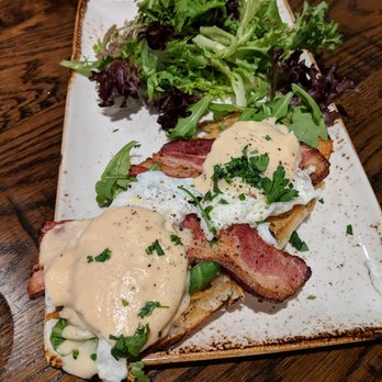 First Watch - Carbonara Benedict. Poached cage-free eggs, Parmesan-crusted ciabatta, bacon, arugula, Parmesan cream, black pepper, chives. $11.99. - Breakfast & Brunch Near Me - Decatur, Georgia First Watch - Carbonara Benedict. Poached cage-free eggs, Parmesan-crusted ciabatta, bacon, arugula, Parmesan cream, black pepper, chives. $11.99. - Breakfast & Brunch Near Me - Decatur, Georgia