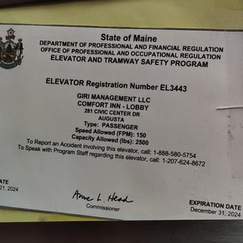 Comfort Inn Civic Center - Elevator Registration - Hotels Near Me - Augusta, Maine