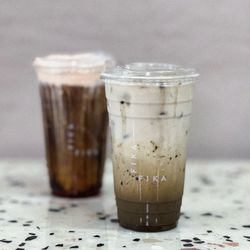 Fika Fika Coffee & Creamery - Rose Cloud Cold Brew (left) and Hojicha Latte (right)