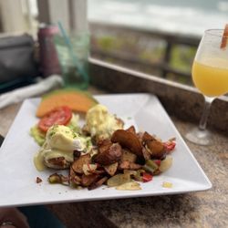 The Dune Deck Cafe - Crabmeat Benedict with hash browns