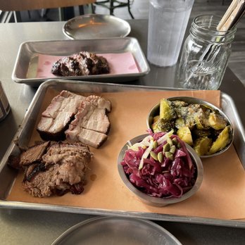 Easy ‘Que - Burnt bits, brisket and pork belly with sides of Brussels sprouts and slaw. - Barbeque Near Me - Kailua, Hawaii