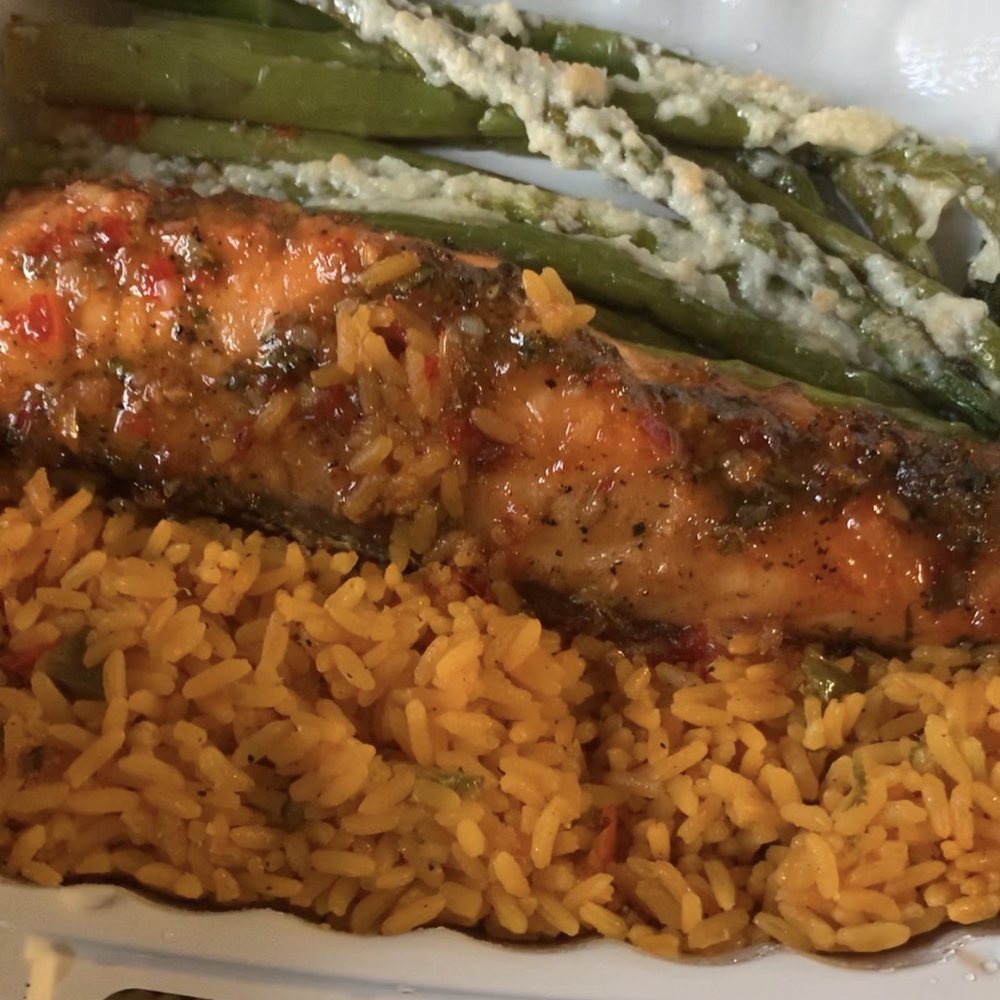 Zaca Cafe - Glaze Chili Atlantic Salmon , Asparagus with Parmesan, Yellow Rice - Coffee & Tea Near Me - Brooklyn, New York Zaca Cafe - Glaze Chili Atlantic Salmon , Asparagus with Parmesan, Yellow Rice - Coffee & Tea Near Me - Brooklyn, New York