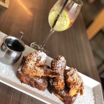 Weights + Measures - Baked Ciabatta French Toast with Fried Chicken - Bars Near Me - Houston, Texas