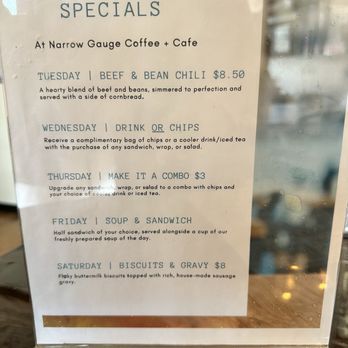 Narrow Gauge Coffee & Cafe - Weekly specials menu - Coffee & Tea Near Me - Newton, North Carolina Narrow Gauge Coffee & Cafe - Weekly specials menu - Coffee & Tea Near Me - Newton, North Carolina
