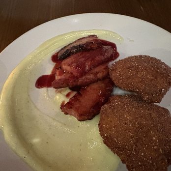Tinderbox Kitchen - PORK BELLY poblano fritters, sweet garlic aioli, cranberry glaze - New American Near Me - Flagstaff, Arizona