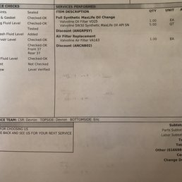 My receipt with the maintenance checks and services