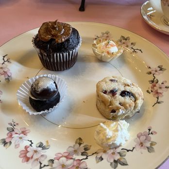 22 Moons Tea Room - Desserts - chocolate coconut rum ball, chocolate peanut butter cupcake, cheesecake in phyllo cup, fruit scone, Chantilly cream - Tea Rooms Near Me - Valrico, Florida