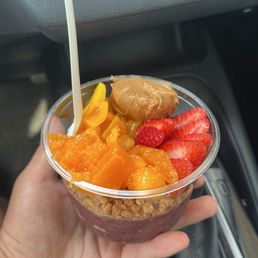 Created my own bowl w acai, mango, papaya, strawberry, and PB Created my own bowl w acai, mango, papaya, strawberry, and PB