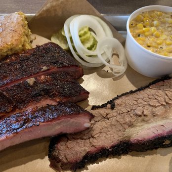 True Texas BBQ - 2 meat combo: ribs and fatty brisket, cream corn, and cornbread - Barbeque Near Me - San Antonio, Texas