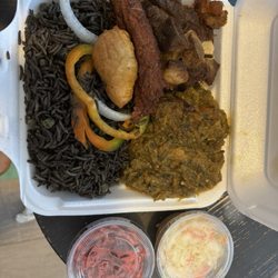 Mojo Haitian Restaurant - Black rice, veggie, fried lamb