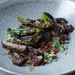 Sichuan Pepper crusted New York Strip Loin w/ Tabbouleh and charred Shishito Peppers