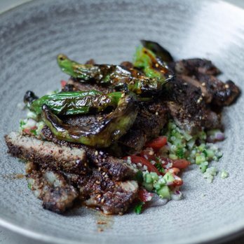 The Dirty Apron Cooking School - Sichuan Pepper crusted New York Strip Loin w/ Tabbouleh and charred Shishito Peppers - Cooking Schools Near Me - Vancouver, British Columbia