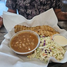 Swai with beans and coleslaw.