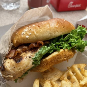 Chick-fil-A - Complimentary Grilled Chicken Sandwich from the owner, just for using the app! (Bacon was an added charge). thanks Owner!!! - Fast Food Near Me - Westbrook, Maine