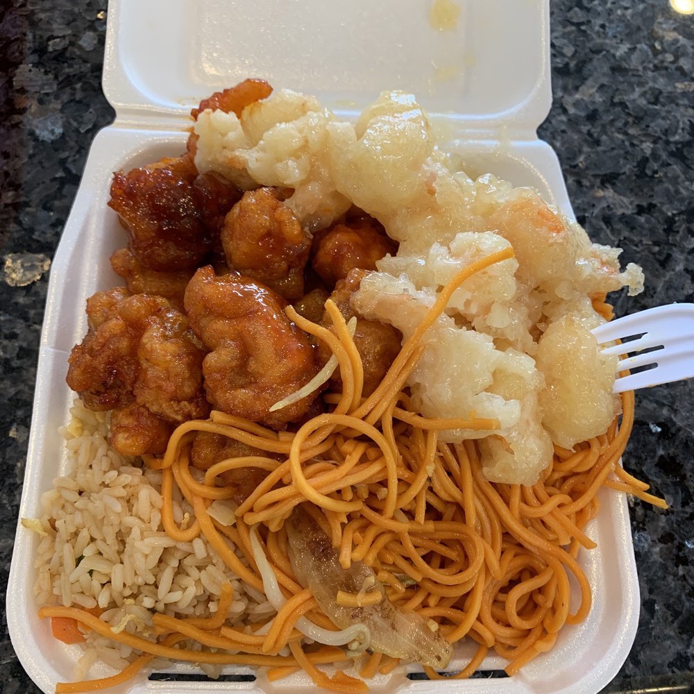 Dragon Express - 1/2 fried rice, 1/2 chow mein, orange chicken, and coconut shrimp for an extra dollar. - Chinese Near Me - Escondido, California