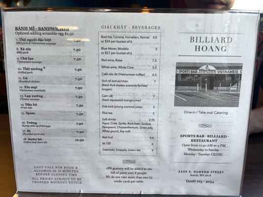 Menu photo 4 Billiard Hoang Seattle, WA Menu photo 4 Billiard Hoang Seattle, WA
