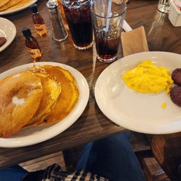 Momma's Breakfast. 3 pancakes, eggs, and your choice of bacon or sausage. Momma's Breakfast. 3 pancakes, eggs, and your choice of bacon or sausage.
