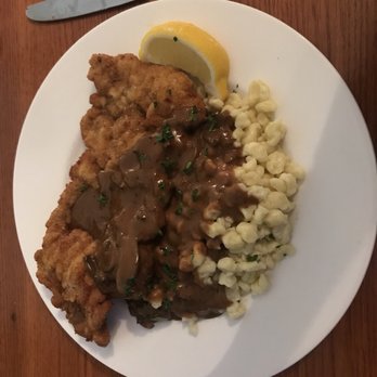 The Station 100 - Perfect veal schnitzel with spätzle and mushroom gravy - Steakhouses Near Me - Frankenmuth, Michigan The Station 100 - Perfect veal schnitzel with spätzle and mushroom gravy - Steakhouses Near Me - Frankenmuth, Michigan