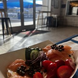 Rhubarb & Elliott Cafe - Sesame bagel with the works