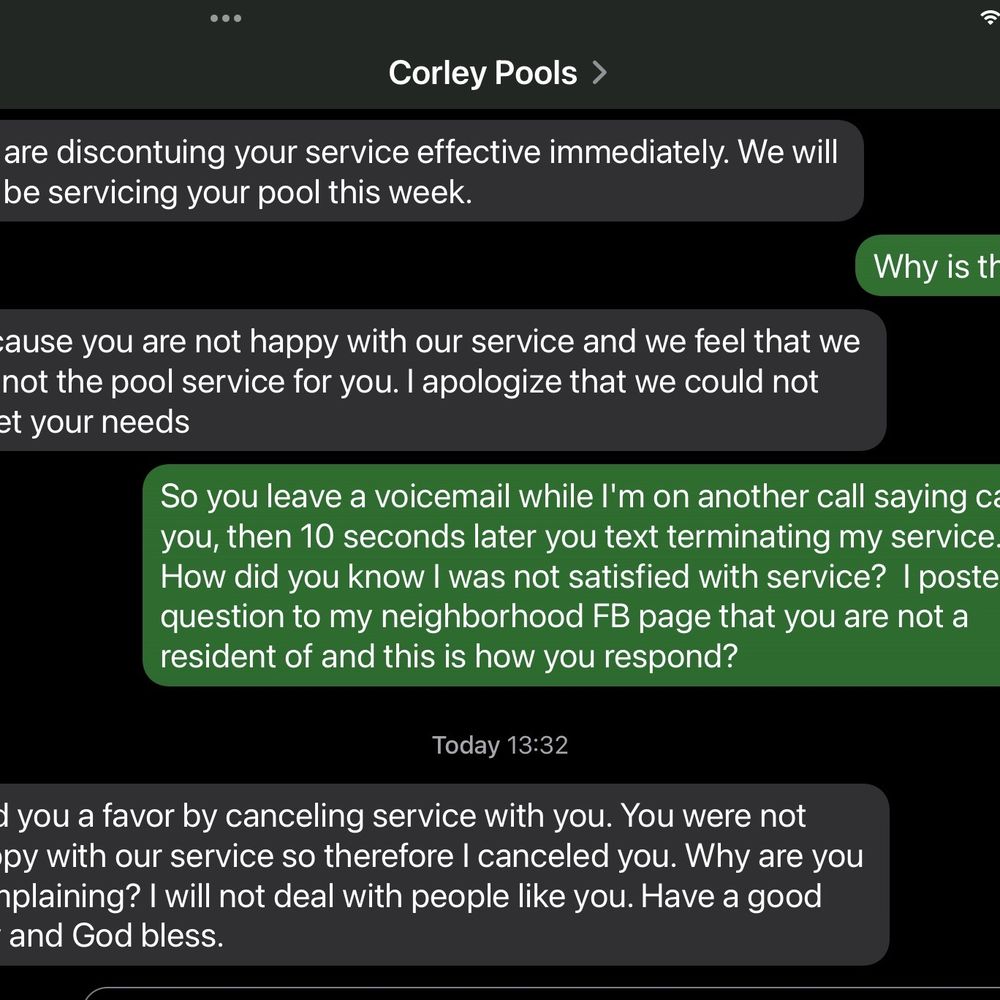 Corley's Pool Pros - Text message from corley in response to a question I asked on my neighborhood FB page.  They do not live in my neighborhood. - Pool Cleaners Near Me - Haslet, Texas
