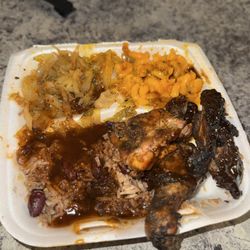Kingston Jamaica Foods - Jerk Chicken, cabbage, macaroni, rice & peas.