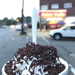 Vanilla Soft Serve with chocolate sprinkles.