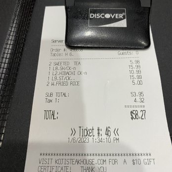 Koji Japanese Steakhouse - The ridiculously high bill! - Japanese Near Me - Commerce, Georgia Koji Japanese Steakhouse - The ridiculously high bill! - Japanese Near Me - Commerce, Georgia