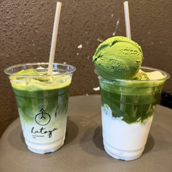 Hatoya - Original matcha latte (left), original matcha latte with matcha ice cream and sticky rice balls (right) - Coffee & Tea Near Me - Las Vegas, Nevada Hatoya - Original matcha latte (left), original matcha latte with matcha ice cream and sticky rice balls (right) - Coffee & Tea Near Me - Las Vegas, Nevada