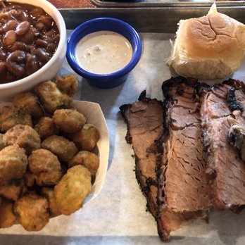 Firehouse Que & Brew - Brisket with fried okra and cowboy beans - Barbeque Near Me - Fallbrook, California Firehouse Que & Brew - Brisket with fried okra and cowboy beans - Barbeque Near Me - Fallbrook, California