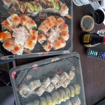 Pisces Sushi - Left to right:salmon nigiri, dragon, hyper, lemon Light, Cali, caterpillar,? - Sushi Bars Near Me - Reno, Nevada Pisces Sushi - Left to right:salmon nigiri, dragon, hyper, lemon Light, Cali, caterpillar,? - Sushi Bars Near Me - Reno, Nevada
