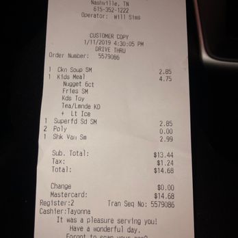 Chick-fil-A - Receipt - Fast Food Near Me - Nashville, Tennessee