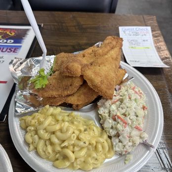 Bayseas Catfish House - The catfish lunch special with mac & cheese and coleslaw - Southern Near Me - San Antonio, Texas