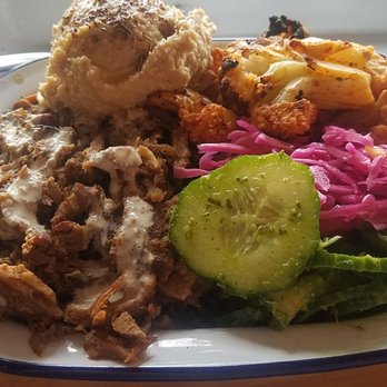 Falafel Republic - My bowl of lamb and beef, lentils, roasted cauliflower, pickled cabbage, cucumbers and topping of hummus. - Falafel Near Me - Ashland, Oregon