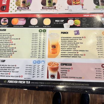Kung Fu Tea - The menu for slush, milk cap, punch, and espresso teas. - Bubble Tea Near Me - Bloomington, Indiana