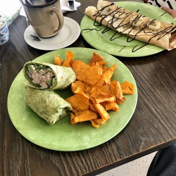 The Green Witch Cafe - Tuna salad wrap with sweet potato chips and a Nutella banana crepé! - Juice Bars & Smoothies Near Me - Highland, Indiana