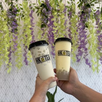 HK Tea - Mango smoothie on the right and chrysanthemum milk tea on the left - Bubble Tea Near Me - Austin, Texas